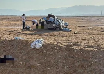 Los paramédicos llegan al lugar de un accidente automovilístico fatal que cobró la vida de un adolescente e hirió a otras tres personas en la Ruta 90, cerca de Masada, en el sur de Israel, el 5 de agosto de 2025. (Magen David Adom)