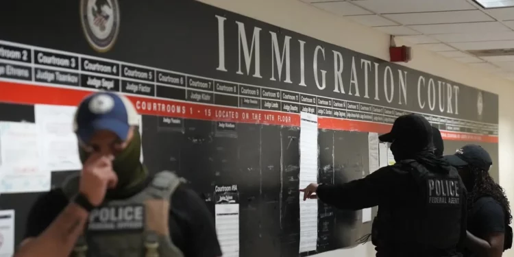 Agentes del Servicio de Inmigración y Control de Aduanas (ICE) de Estados Unidos revisan listas de nombres, así como sus horarios y lugares de audiencia, dentro del juzgado de Federal Plaza antes de realizar arrestos el 27 de junio de 2025 en Nueva York. (Bryan R. Smith/AFP)