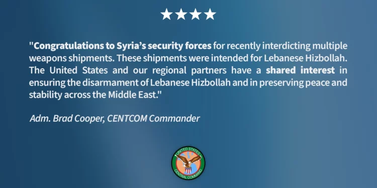 CENTCOM felicita a Siria por bloquear el contrabando de armas a Hezbolá