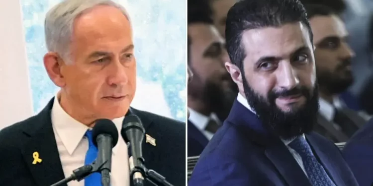 De izquierda a derecha: El primer ministro Benjamin Netanyahu habla con el personal en una instalación del Shin Bet, el 29 de junio de 2025. (Maayan Toaf/GPO); El presidente interino de Siria, Ahmed al-Sharaa, asiste a la firma de un acuerdo para un proyecto energético regional en Damasco, Siria, el 29 de mayo de 2025. (Foto AP/Ghaith Alsayed)