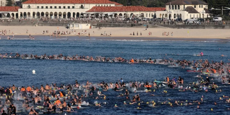 Surfistas y nadadores se congregan en el agua de Bondi Beach para rendir homenaje a las víctimas del ataque terrorista perpetrado durante un evento de Hanukkah en la playa, en Sídney, el 19 de diciembre de 2025. (David Gray/AFP)