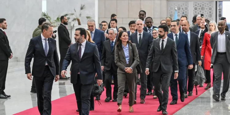 El ministro sirio de Asuntos Exteriores y Expatriados, Asaad Al-Shaibani (delante a la derecha), llega con una delegación del Consejo de Seguridad de las Naciones Unidas al Palacio Presidencial en Damasco el 4 de diciembre de 2025. (LOUAI BESHARA / AFP)