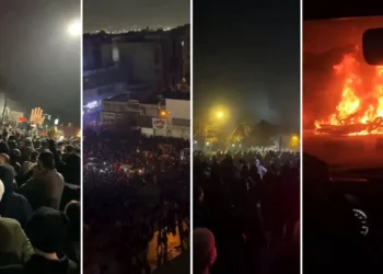 Manifestantes iraníes marchando y prendiendo fuego a vehículos, estatuas y estructuras propiedad del régimen en Teherán el 8 de enero de 2026. (X; utilizado de conformidad con la cláusula 27a de la Ley de Derechos de Autor).