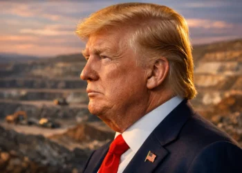 Genera una imagen hiperrealista en 16:9 siguiendo esta descripción detallada: Retrato extremo en primer plano, tipo busto, cortado a la altura del pecho. El sujeto, Donald Trump, está en un perfil perfecto de 90 grados, mirando hacia el lado derecho del encuadre con una expresión de mirada fija y determinada, característica. La iluminación es dramática y direccional, proveniente de una fuente lateral fuerte (como la luz del atardecer), que esculpe sus rasgos faciales distintivos con precisión quirúrgica. El fondo es un yacimiento de tierras raras activo, desenfocado pero nítido en sus texturas y colores, proporcionando contexto sin distraer del sujeto principal. **Hiperrealismo facial y texturas de Donald Trump:** La piel debe mostrar su textura realista e imperfecta característica: poros visibles, arrugas pronunciadas y pliegues profundos, especialmente las patas de gallo alrededor del ojo, el surco nasolabial y los pliegues horizontales en la frente. La piel tiene un tono base anaranjado-beige, con correcciones de color típicas de maquillaje televisivo que crean un ligero contraste con el cuello. La textura de afeitado cercano es crucial: sombra de barba blanca y cana en las mejillas y el cuello, donde se perciban puntitos individuales de vello de cinco horas. Los labios deben ser delgados, con líneas verticales muy marcadas y un brillo natural apenas perceptible. La oreja, completamente visible, debe tener los pliegues cartilaginosos detallados. El cabello, **su característico copete y peinado hacia un lado**, es el elemento clave: debe tener un aspecto tridimensional con mechones individuales, mostrando la textura de cabello real pero fijado con laca. El color es una mezcla artificial uniforme de **ámbar tostado y amarillo dorado intenso**, con raíces ligeramente más oscuras y reflejos anaranjados sutiles donde impacta la luz fuerte. El cabello debe crear su silueta icónica, con volumen y una línea de implantación definida. **Vestimenta y paleta de colores para el sujeto:** Viste su traje formal característico. La chaqueta es de un **azul marino intenso y saturado**, con la textura fina y el ligero brillo de una lana de alta gama. La camisa es **blanca pura y crujiente**, de algodón oxford, con un cuello extendido y rígido. La corbata es **rojo intenso (rojo Trump)**, de seda gruesa, con un nudo Windsor amplio y perfecto que crea pliegues diagonales característicos. La corbata refleja un brillo sedoso. En la solapa, un pequeño e hiperdetallado **pin de la bandera de Estados Unidos** en esmalte con estrellas y rayas minúsculas. **Fondo: Yacimiento de tierras raras (Detallado y realista):** El fondo es una vasta explotación minera a cielo abierto. Se ven terrazas escalonadas (bancales) excavadas en la tierra, formando patrones geométricos concéntricos. La tierra expuesta debe mostrar la paleta de colores **crucialmente realista** de estos yacimientos: * **Negros** profundos y **grises** metálicos (de tierras con alto contenido en elementos como neodimio). * **Marrones** terrosos y oxidados, con vetas de **ocre** y **siena tostado**. * **Verdes** inesperados y apagados, como de óxido de cobre, en parches dispersos. * **Blancos** terrosos y **cremas** sucios (de arcillas caoliníticas). La textura del suelo es una mezcla de polvo fino, arcilla agrietada y rocas dispersas. Debe haber maquinaria pesada (excavadoras, camiones volquete) a escala, diminuta por la distancia. El cielo es amplio, con una luz ambiental de final de la tarde, nubes altas y cirros teñidos de tonos **naranja suave, rosa pálido y lavanda** por el sol bajo. La atmósfera tiene una ligera bruma de polvo en suspensión, que atrapa la luz lateral y crea un halo detrás de la cabeza del sujeto. **Calidad técnica y ambiente:** La imagen debe tener la profundidad de campo y nitidez de una fotografía con un teleobjetivo largo (ej. 200mm, f/2.8), con el sujeto perfectamente enfocado y el fondo en un desenfoque creíble (bokeh suave pero con formas reconocibles). La luz lateral dorada del atardecer ilumina el perfil de Trump, creando un borde de luz brillante (contraluz) que destaca especialmente el **contorno de su característico copete**, y proyecta una sombra larga y definida. El realismo fotográfico debe ser impecable, capturando desde la textura del maquillaje y el cabello teñido hasta los detalles geológicos del yacimiento. La composición evoca una sensación de poder, ambición industrial y un fuerte contraste entre la figura pulida y el paisaje mineral crudo.