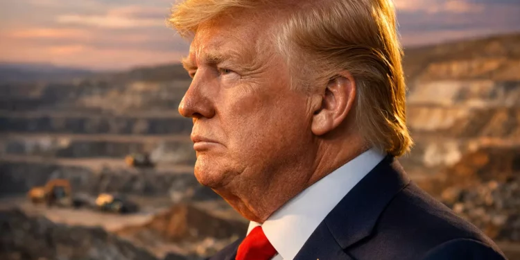 Genera una imagen hiperrealista en 16:9 siguiendo esta descripción detallada: Retrato extremo en primer plano, tipo busto, cortado a la altura del pecho. El sujeto, Donald Trump, está en un perfil perfecto de 90 grados, mirando hacia el lado derecho del encuadre con una expresión de mirada fija y determinada, característica. La iluminación es dramática y direccional, proveniente de una fuente lateral fuerte (como la luz del atardecer), que esculpe sus rasgos faciales distintivos con precisión quirúrgica. El fondo es un yacimiento de tierras raras activo, desenfocado pero nítido en sus texturas y colores, proporcionando contexto sin distraer del sujeto principal. **Hiperrealismo facial y texturas de Donald Trump:** La piel debe mostrar su textura realista e imperfecta característica: poros visibles, arrugas pronunciadas y pliegues profundos, especialmente las patas de gallo alrededor del ojo, el surco nasolabial y los pliegues horizontales en la frente. La piel tiene un tono base anaranjado-beige, con correcciones de color típicas de maquillaje televisivo que crean un ligero contraste con el cuello. La textura de afeitado cercano es crucial: sombra de barba blanca y cana en las mejillas y el cuello, donde se perciban puntitos individuales de vello de cinco horas. Los labios deben ser delgados, con líneas verticales muy marcadas y un brillo natural apenas perceptible. La oreja, completamente visible, debe tener los pliegues cartilaginosos detallados. El cabello, **su característico copete y peinado hacia un lado**, es el elemento clave: debe tener un aspecto tridimensional con mechones individuales, mostrando la textura de cabello real pero fijado con laca. El color es una mezcla artificial uniforme de **ámbar tostado y amarillo dorado intenso**, con raíces ligeramente más oscuras y reflejos anaranjados sutiles donde impacta la luz fuerte. El cabello debe crear su silueta icónica, con volumen y una línea de implantación definida. **Vestimenta y paleta de colores para el sujeto:** Viste su traje formal característico. La chaqueta es de un **azul marino intenso y saturado**, con la textura fina y el ligero brillo de una lana de alta gama. La camisa es **blanca pura y crujiente**, de algodón oxford, con un cuello extendido y rígido. La corbata es **rojo intenso (rojo Trump)**, de seda gruesa, con un nudo Windsor amplio y perfecto que crea pliegues diagonales característicos. La corbata refleja un brillo sedoso. En la solapa, un pequeño e hiperdetallado **pin de la bandera de Estados Unidos** en esmalte con estrellas y rayas minúsculas. **Fondo: Yacimiento de tierras raras (Detallado y realista):** El fondo es una vasta explotación minera a cielo abierto. Se ven terrazas escalonadas (bancales) excavadas en la tierra, formando patrones geométricos concéntricos. La tierra expuesta debe mostrar la paleta de colores **crucialmente realista** de estos yacimientos: * **Negros** profundos y **grises** metálicos (de tierras con alto contenido en elementos como neodimio). * **Marrones** terrosos y oxidados, con vetas de **ocre** y **siena tostado**. * **Verdes** inesperados y apagados, como de óxido de cobre, en parches dispersos. * **Blancos** terrosos y **cremas** sucios (de arcillas caoliníticas). La textura del suelo es una mezcla de polvo fino, arcilla agrietada y rocas dispersas. Debe haber maquinaria pesada (excavadoras, camiones volquete) a escala, diminuta por la distancia. El cielo es amplio, con una luz ambiental de final de la tarde, nubes altas y cirros teñidos de tonos **naranja suave, rosa pálido y lavanda** por el sol bajo. La atmósfera tiene una ligera bruma de polvo en suspensión, que atrapa la luz lateral y crea un halo detrás de la cabeza del sujeto. **Calidad técnica y ambiente:** La imagen debe tener la profundidad de campo y nitidez de una fotografía con un teleobjetivo largo (ej. 200mm, f/2.8), con el sujeto perfectamente enfocado y el fondo en un desenfoque creíble (bokeh suave pero con formas reconocibles). La luz lateral dorada del atardecer ilumina el perfil de Trump, creando un borde de luz brillante (contraluz) que destaca especialmente el **contorno de su característico copete**, y proyecta una sombra larga y definida. El realismo fotográfico debe ser impecable, capturando desde la textura del maquillaje y el cabello teñido hasta los detalles geológicos del yacimiento. La composición evoca una sensación de poder, ambición industrial y un fuerte contraste entre la figura pulida y el paisaje mineral crudo.