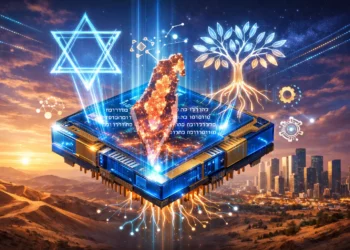 "Imagen conceptual en formato 16:9, estilo hiperrealista con toques de ilustración conceptual futurista. En el centro, un microprocesador flotante de inteligencia artificial de diseño israelí, con forma geométrica limpia y elegante. El chip está fabricado con materiales translúcidos color cobalto y dorado arenoso, con capas internas de circuitos que forman el mapa de Israel visto desde satélite, brillando en cobre y oro rosa. Sobre la superficie del chip, líneas de código en hebreo moderno y caracteres binarios (0 y 1) serpentean como ríos de luz azul y blanca. Del microprocesador emergen haces de luz láser que dibujan en el aire una estrella de David holográfica y un olivo estilizado, con raíces que se conectan directamente al silicio del chip. Alrededor del procesador, orbitan suavemente fragmentos de IA: engranajes digitales, neuronas estilizadas y formas algorítmicas. En el fondo, un paisaje israelí al amanecer con dunas del Néguev, modernos rascacielos de Tel Aviv al este y un cielo en tonos violeta, naranja y azul profundo con estelas de datos cruzando el horizonte. La iluminación general es cinematográfica, con contraste suave y destellos de luz que enfatizan la innovación, la historia y la alta tecnología. El ambiente transmite poder computacional, identidad cultural y visión de futuro. Alta resolución, 8K, render 3D, profundidad de campo, estilo concept art para exposición tecnológica."