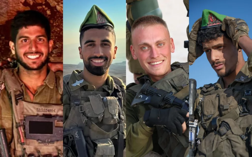 De izquierda a derecha: el capitán Noam Madmoni, el sargento primero Ben Cohen, el sargento primero Maxsim Entis y el sargento primero Gilad Harel, fallecidos en el Líbano el 30 de marzo de 2026. (Cortesía)