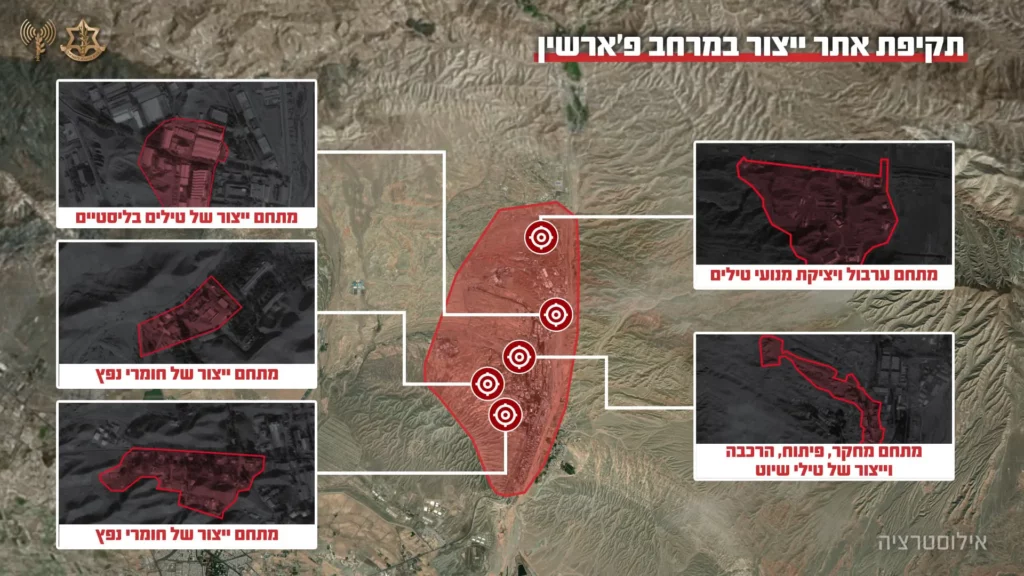 Infografía del ejército israelí que muestra las instalaciones de producción de misiles iraníes en Parchin que fueron atacadas recientemente, publicada el 7 de marzo de 2026. (Fuerzas de Defensa de Israel)