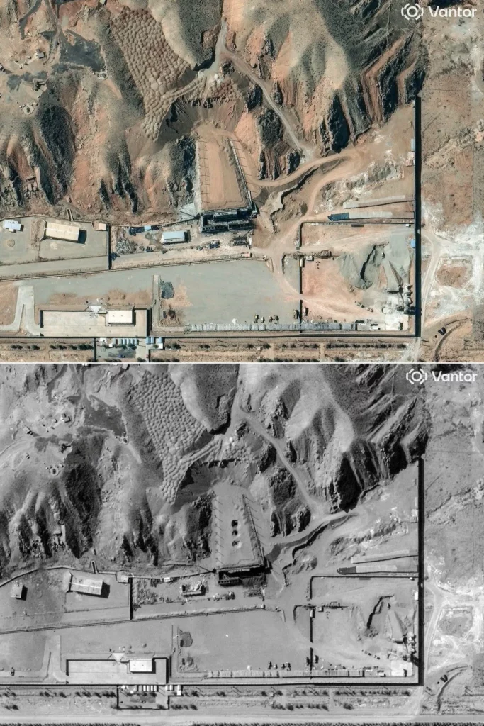 Esta combinación de imágenes creada el 11 de marzo de 2026 utilizando imágenes satelitales cedidas por cortesía de Vantor muestra una vista de la instalación Taleghan 2 en el complejo militar de Parchin, a unos 30 km (20 millas) al sureste de Teherán, Irán, el 6 de marzo de 2026 (arriba) y el 11 de marzo de 2026 tras los ataques aéreos (imagen satelital ©2026 Vantor / AFP).