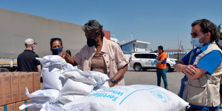 Ilustración: Linda Thomas-Greenfield, embajadora de Estados Unidos ante las Naciones Unidas, examina material de ayuda humanitaria en el paso fronterizo de Bab al-Hawa, entre Turquía y Siria, el 3 de junio de 2021. (Embajada de Estados Unidos en Turquía vía AP, archivo)