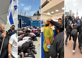Imágenes de un vídeo publicado por el ministro de Seguridad Nacional, Itamar Ben Gvir, que muestran a activistas de la flotilla detenidos en el puerto de Ashdod el 20 de mayo de 2026. (Ben Gvir vía X)