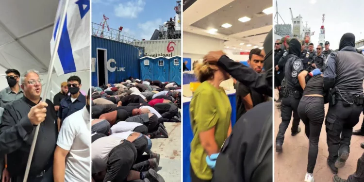 Imágenes de un vídeo publicado por el ministro de Seguridad Nacional, Itamar Ben Gvir, que muestran a activistas de la flotilla detenidos en el puerto de Ashdod el 20 de mayo de 2026. (Ben Gvir vía X)