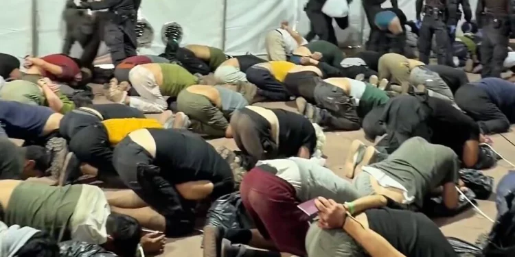 Vídeo publicado por el ministro de Seguridad Nacional, Itamar Ben Gvir, que muestra a activistas de la flotilla detenidos en el puerto de Ashdod el 20 de mayo de 2026 (Captura de pantalla/Cuenta X de Ben Gvir).