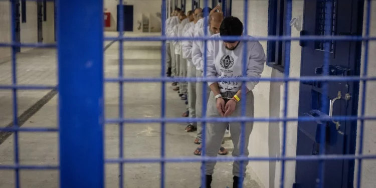 Funcionarios del Servicio Penitenciario de Israel preparan a los reclusos para su liberación como parte de un acuerdo de rehenes en la prisión de Ketziot, en el sur de Israel, el 26 de febrero de 2025. (Chaim Goldberg/Flash90)
