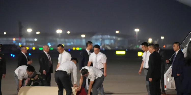 Trabajadores extienden una alfombra roja a la llegada del presidente estadounidense Donald Trump a bordo del Air Force One, el 13 de mayo de 2026, al Aeropuerto Internacional de la Capital de Pekín (Foto AP/Mark Schiefelbein).