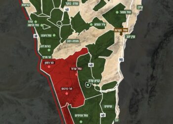 Mapa del sur de Israel publicado por las Fuerzas de Defensa de Israel (FDI), que muestra qué zonas estarán abiertas al público durante la festividad de Shavuot (verde) y qué zonas siguen designadas como zonas militares cerradas (rojo), 21 de mayo de 2026. (Fuerzas de Defensa de Israel)