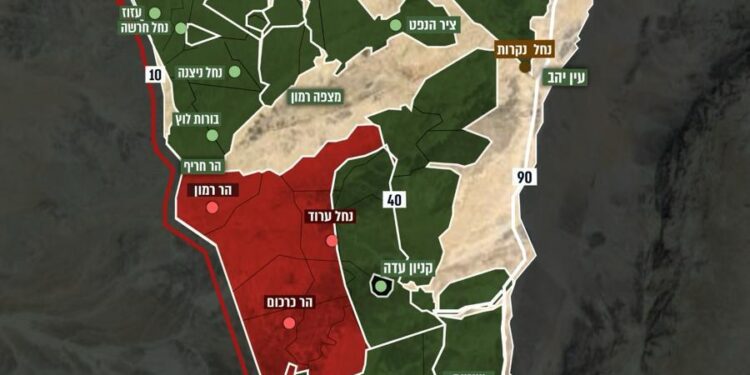 Mapa del sur de Israel publicado por las Fuerzas de Defensa de Israel (FDI), que muestra qué zonas estarán abiertas al público durante la festividad de Shavuot (verde) y qué zonas siguen designadas como zonas militares cerradas (rojo), 21 de mayo de 2026. (Fuerzas de Defensa de Israel)