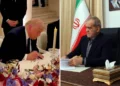 El presidente de EE. UU., Donald Trump (izquierda), firma la versión en persa del memorando de entendimiento con Irán en el Palacio de Versalles, en Francia, el 17 de junio de 2026. (Captura de pantalla/Casa Blanca vía X); el presidente iraní, Masoud Pezeshkian, firma el memorándum de entendimiento en una fotografía publicada el 17 de junio de 2026 por la agencia de noticias IRNA, controlada por el régimen. (IRNA vía X)