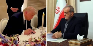 El presidente de EE. UU., Donald Trump (izquierda), firma la versión en persa del memorando de entendimiento con Irán en el Palacio de Versalles, en Francia, el 17 de junio de 2026. (Captura de pantalla/Casa Blanca vía X); el presidente iraní, Masoud Pezeshkian, firma el memorándum de entendimiento en una fotografía publicada el 17 de junio de 2026 por la agencia de noticias IRNA, controlada por el régimen. (IRNA vía X)