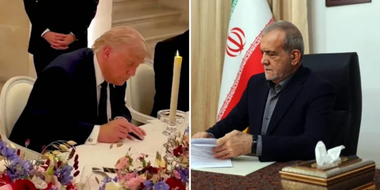 El presidente de EE. UU., Donald Trump (izquierda), firma la versión en persa del memorando de entendimiento con Irán en el Palacio de Versalles, en Francia, el 17 de junio de 2026. (Captura de pantalla/Casa Blanca vía X); el presidente iraní, Masoud Pezeshkian, firma el memorándum de entendimiento en una fotografía publicada el 17 de junio de 2026 por la agencia de noticias IRNA, controlada por el régimen. (IRNA vía X)