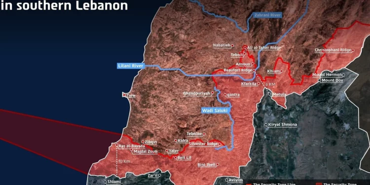 Mapa publicado por las FDI que muestra su línea de defensa avanzada en el sur del Líbano, 18 de junio de 2026. (Fuerzas de Defensa de Israel)