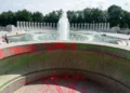 Damage seen after vandals poured bubble soap and painted graffiti on the World War II Memorial in Washington, DC on August 13, 2026. (Andrew Leyden/ZUMA Press Wire)