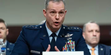 Gen. Alexus G. Grynkewich, commander of the United States European Command and Supreme Allied Commander Europe, testifies before the US Senate Committee on Armed Services on Capitol Hill in Washington, March 12, 2026. (AP Photo/Jose Luis Magana)