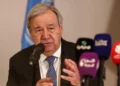 El secretario general de las Naciones Unidas, Antonio Guterres, habla durante una conferencia de prensa en Damasco, Siria, el 26 de julio de 2026. (Foto AP/Omar Sanadiki)