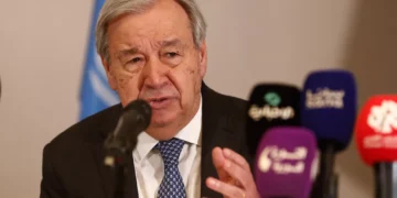 El secretario general de las Naciones Unidas, Antonio Guterres, habla durante una conferencia de prensa en Damasco, Siria, el 26 de julio de 2026. (Foto AP/Omar Sanadiki)