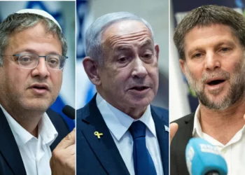 Una fotografía compuesta muestra al ministro de Seguridad Nacional, Itamar Ben Gvir (izquierda), al primer ministro Benjamin Netanyahu (centro) y al ministro de Finanzas, Bezalel Smotrich (derecha). (Yonatan Sindel/Flash 90)