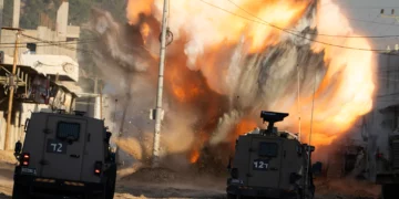 Illustrative: A bomb planted by Palestinian gunmen explodes after being detonated by Israeli soldiers during a military raid in the Nur Shams refugee camp near the West Bank city of Tulkarem, Tuesday, Dec. 24, 2024. (AP Photo/Majdi Mohammed)