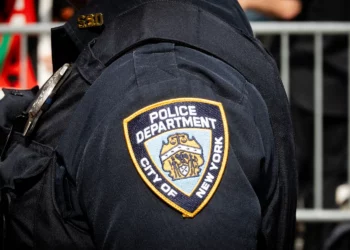 An NYPD officer at an anti-Israel protest, September 23, 2025. (Luke Tress/ Times of Israel/ File)