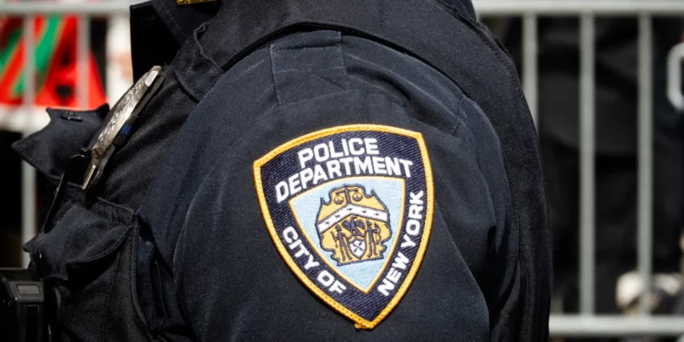 An NYPD officer at an anti-Israel protest, September 23, 2025. (Luke Tress/ Times of Israel/ File)