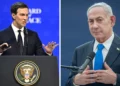 De izquierda a derecha: Jared Kushner, asesor de la Casa Blanca; Nickolay Mladenov, enviado de la Junta de Paz; y el primer ministro Benjamin Netanyahu. (Fabrice COFFRINI / AFP, Chaim Goldberg/FLASH90)