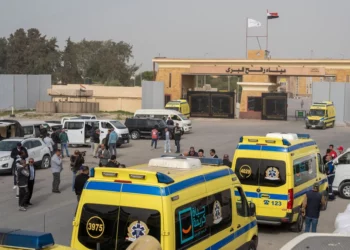 Ambulancias hacen fila para entrar por la puerta egipcia del cruce de Rafah hacia la Franja de Gaza, el 2 de febrero de 2026.