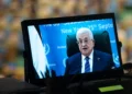 Palestinian Authority President Mahmoud Abbas addresses the 80th session of the United Nations General Assembly via video at United Nations headquarters, September 25, 2025. (AP/Angelina Katsanis)