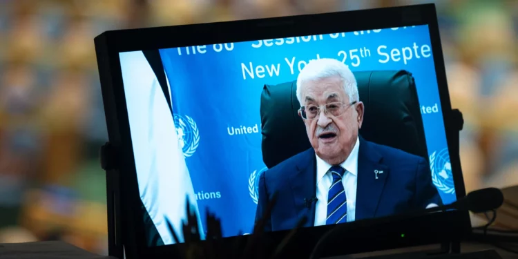 Palestinian Authority President Mahmoud Abbas addresses the 80th session of the United Nations General Assembly via video at United Nations headquarters, September 25, 2025. (AP/Angelina Katsanis)