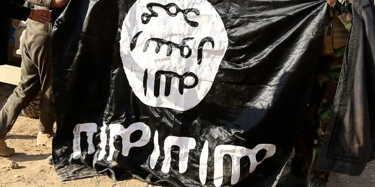 Soldados del ejército iraquí muestran una bandera del Estado Islámico capturada durante una operación cerca de Mosul, Irak, el 29 de noviembre de 2016.
