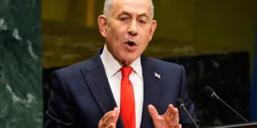 El primer ministro Benjamín Netanyahu habla durante la 81.ª sesión de la Asamblea General de las Naciones Unidas en la sede de la ONU, el 24 de septiembre de 2026.