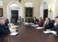 US President Bill Clinton meets with his National Security team on April 7, 1999, in the White House Cabinet Room. From left: Clinton, Steve Ricchetti, Gen. Donald Kerrick, CIA Director George Tenet, Secretary of State Madeleine Albright, Samuel Berger, and Gen. Hugh Shelton.