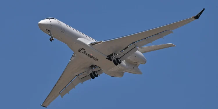 The Bombardier Global 8000, the world's fastest civilian aircraft since Concorde with a top speed of Mach 0.95 performs during the Farnborough International Air Show 2026 at Farnborough International Exhibition Centre on July 20, 2026.