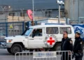 A vehicle of the International Committee of the Red Cross (ICRC) arrives outside Ofer military prison, located between Ramallah and Beitunia in the West Bank, on January 19, 2025. (Photo by Jalaa MAREY / AFP)