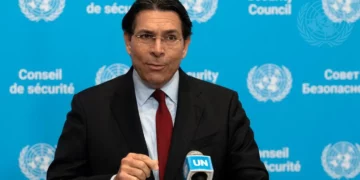 Danny Danon, Israel's ambassador to the United Nations, briefs reporters at U.N. headquarters, in New York City, July 28, 2026. Credit: Mark Garten/UN Photo.