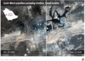 Daños en una estación de bombeo del oleoducto Este-Oeste de Arabia Saudita.