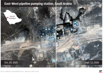 Daños en una estación de bombeo del oleoducto Este-Oeste de Arabia Saudita.
