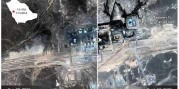 Daños en una estación de bombeo del oleoducto Este-Oeste de Arabia Saudita.