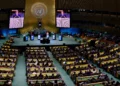 Attendees watch as the six candidates for the United Nations Secretary-General position debate at the UN General Assembly Hall in New York, on July 23, 2026. (Leonardo MUNOZ/AFP)