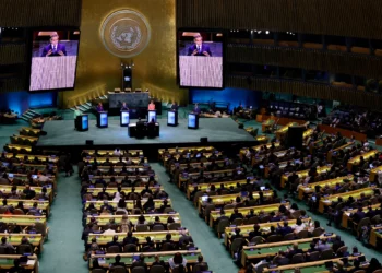 Attendees watch as the six candidates for the United Nations Secretary-General position debate at the UN General Assembly Hall in New York, on July 23, 2026. (Leonardo MUNOZ/AFP)
