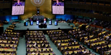 Attendees watch as the six candidates for the United Nations Secretary-General position debate at the UN General Assembly Hall in New York, on July 23, 2026. (Leonardo MUNOZ/AFP)