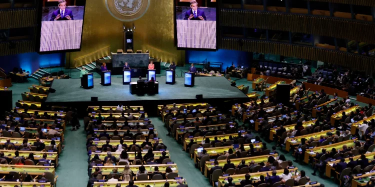 Attendees watch as the six candidates for the United Nations Secretary-General position debate at the UN General Assembly Hall in New York, on July 23, 2026. (Leonardo MUNOZ/AFP)